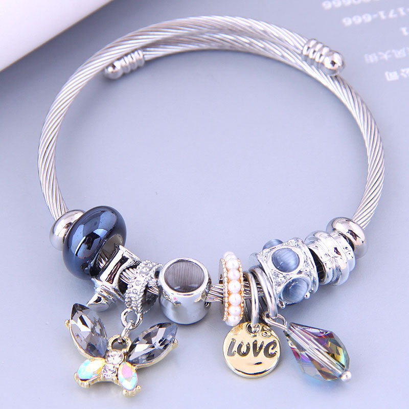 Wholesale Stainless Steel Wire Crystal Butterfly Tassel Beaded Opening Adjustable Bracelet